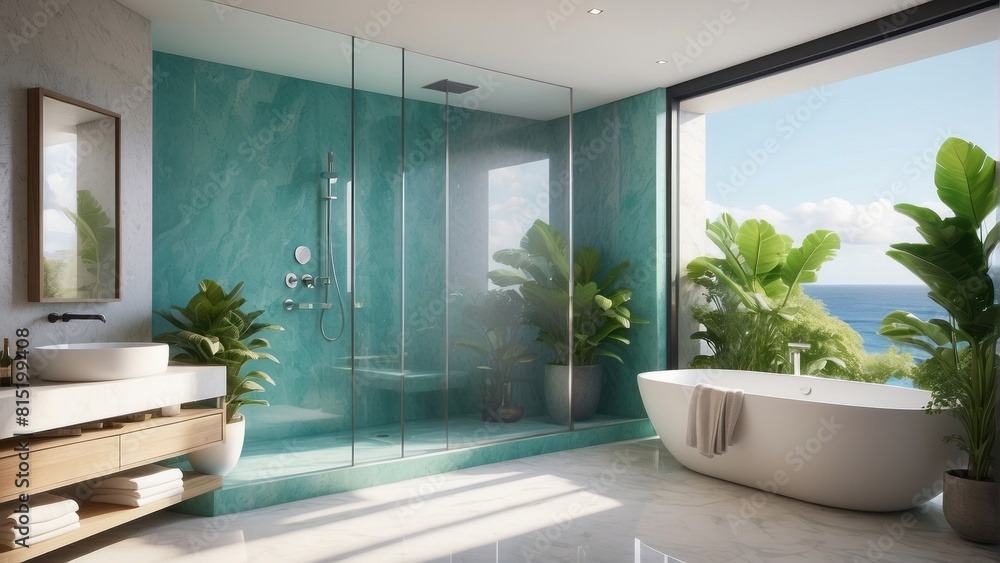 Fototapeta premium Luxury bathroom with a view of the plants