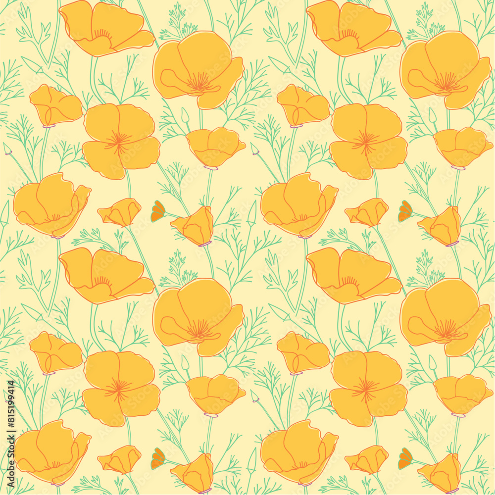 light yellow seamless pattern with orange Eschscholzia flowers. California poppy - vector decorative background light yellow seamless pattern with orange Eschscholzia flowers. California poppy - vector decorative background