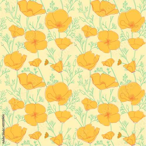 light yellow seamless pattern with orange Eschscholzia flowers. California poppy - vector decorative background