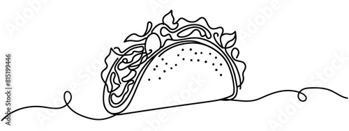 Continuous single drawn one line taco hand-drawn picture silhouette. One line drawing of Taco junk food. Line art. Mexican food tacos.