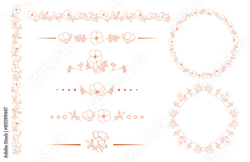vector design elements with Eschscholzia flowers. California poppy - frames and borders