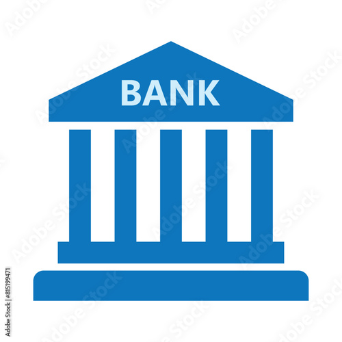 Bank building icon symbol, blue bank sign flat style isolated on white background, vector illustration EPS 10. Online banking, finance, bank transaction, bank service. Business and financial concept.