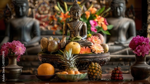 Offering of fruits and flowers placed before a Buddha statue  symbolizing reverence on Buddhist holy days.