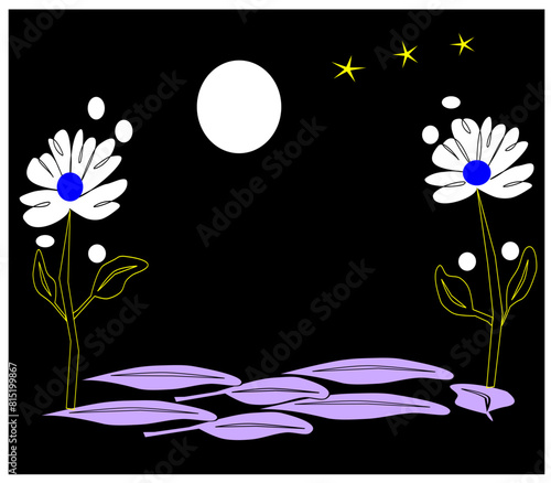 Vector fondo e ilustración de color negro con flores, hojas, estrellas y una luna grande y luminosa