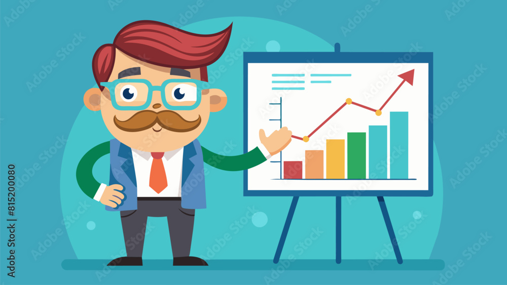 mustached character presenting a graph on a whiteboard mustached character presenting a graph on a whiteboard