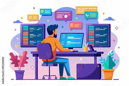 programmer writing code on multiple screens