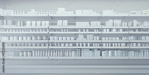 A stylized infinite white retail shelf featuring a range of products including boxes, cans, bottles, cleaners, cosmetics and other consumer products. Generic tonal image,  store shelf merchandise 