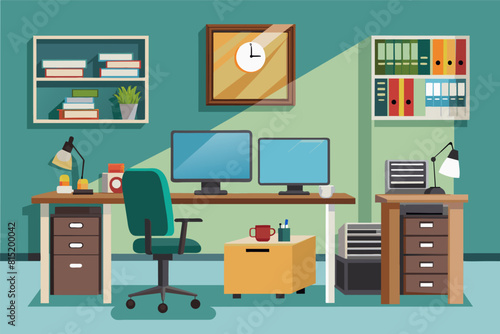 An office cubicle with a desk and computer