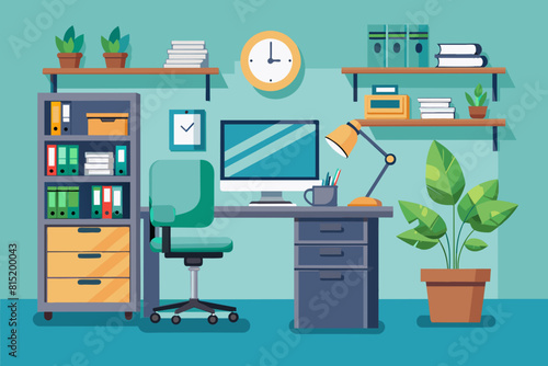 An office cubicle with a desk and computer