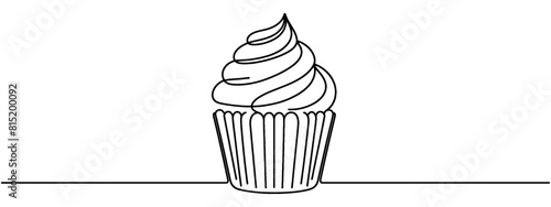 Muffin cake one single line drawing for logo. Sweet cupcake with cherry, delicious pastry online shop icon restaurant badge concept. Modern hand draw vector illustration.