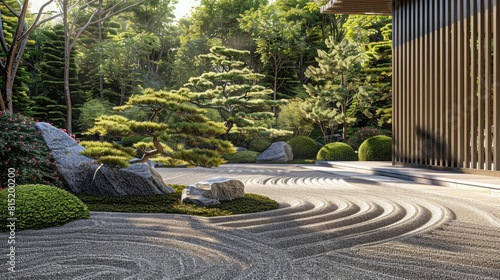 Tranquil Zen garden with raked gravel and bonsai trees, perfect for mindfulness practices and Japanese-inspired designs. photo