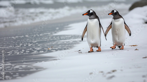 A pair of penguins waddling along a snowy beach  their black and white bodies contrasting with the pristine white landscape.