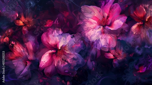 Mystical Digital Art of Cosmic Flowers in Deep Red and Purple Tones 