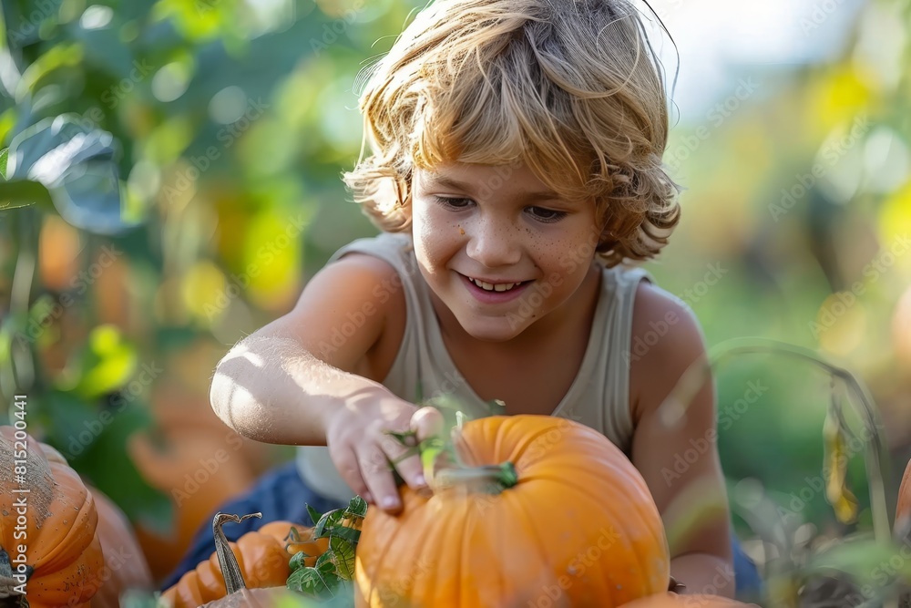 Young child selecting pumpkins at halloween patch for festive decoration and carving activities Young child selecting pumpkins at halloween patch for festive decoration and carving activities