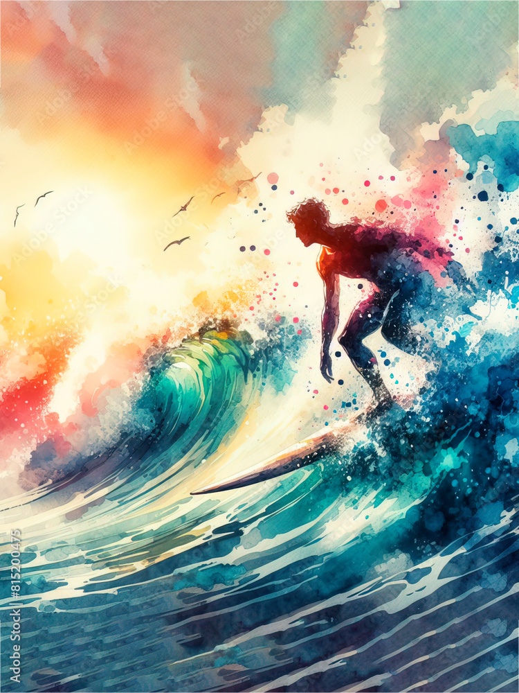 Surfing in watercolor