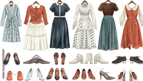 Clipart of vintage inspired fashion with retro dresses polka dot blouses and wingtip shoes arran Generative AI photo