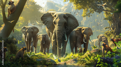 a lifelike wildlife scene, featuring a variety of animals in their natural habitat, from majestic elephants to playful monkeys, each rendered with meticulous attention to anatomy and behavior photo