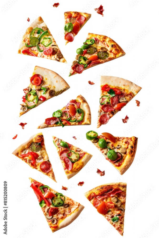 Flying slices of tasty pizzas isolated on white background Flying slices of tasty pizzas isolated on white background