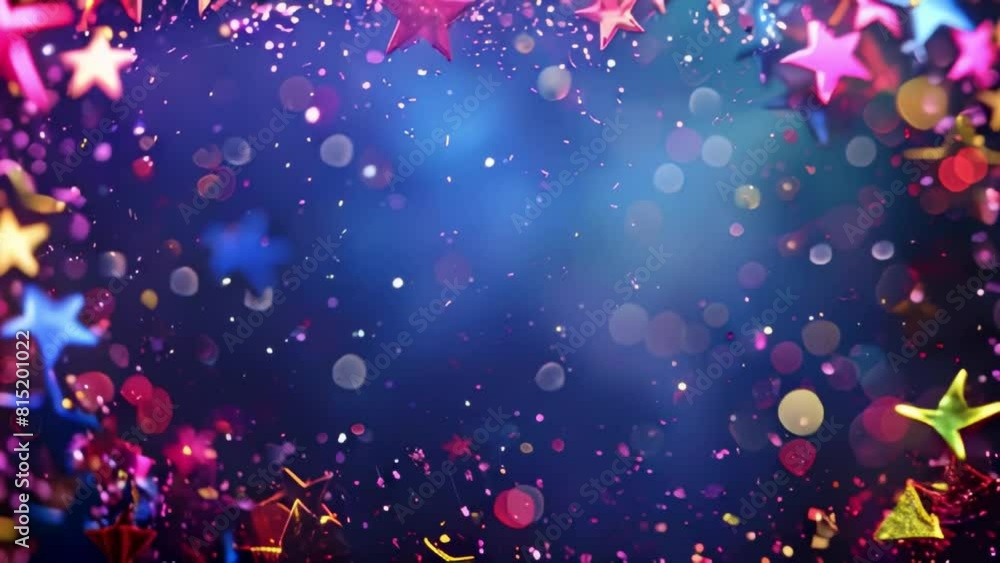 Colorful glittery stars with a bokeh effect on a dark background. for celebratory, holiday, or decorative design projects. Colorful glittery stars with a bokeh effect on a dark background. for celebratory, holiday, or decorative design projects.