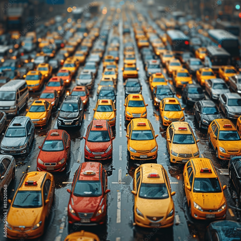 Fototapeta premium Cars trapped in a traffic jam on a rainy day, water reflecting the congestion.