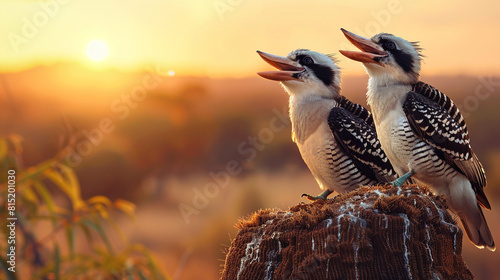 Two Kookaburras with their distinctive laughing calls perched on a termite mound in the Australian outback, the setting sun casting a warm glow on the landscape. photo