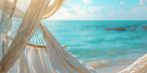 Hammock and white fabric to rest, paradisiacal beach background