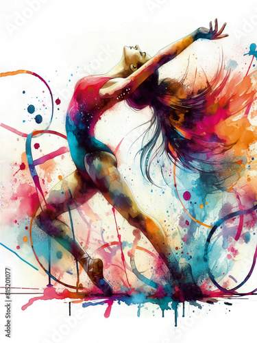 Fitness, exercise and rhythmic gymnastics in watercolor
