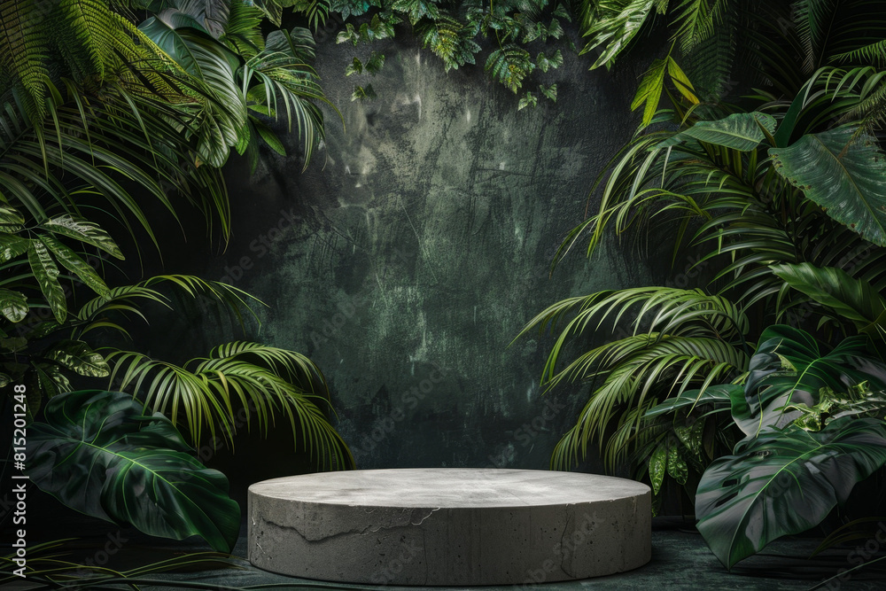 Abstract green background with a concrete stone podium and tropical leaves in a dark forest. Nature display scene for product presentation, mockup design template Abstract green background with a concrete stone podium and tropical leaves in a dark forest. Nature display scene for product presentation, mockup design template