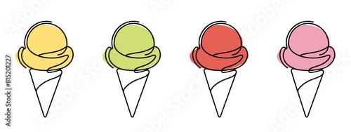 Ice cream in waffle cone in one continuous line drawing. Symbol dessert gelato for menu and business card design in simple linear style. Editable stroke. Doodle contour vector illustration