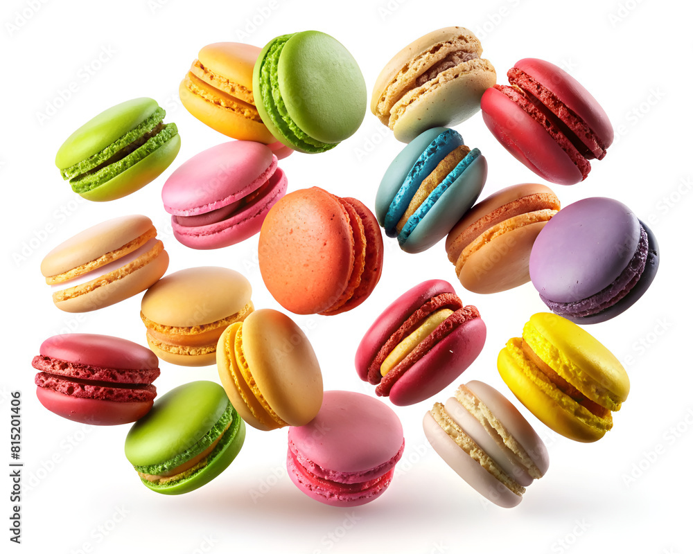 Colorful macarons floating in the air on a white background Colorful macarons floating in the air on a white background