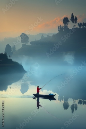 Solitary angler fishing at dawn on misty lake with red rod in serene nature setting