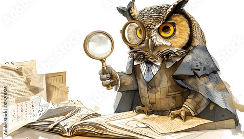 Clipart of an inquisitive owl wearing a monocle and a waistcoat holding a magnifying glass while in Generative AI