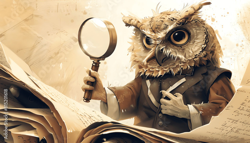 Clipart of an inquisitive owl wearing a monocle and a waistcoat holding a magnifying glass while in Generative AI photo