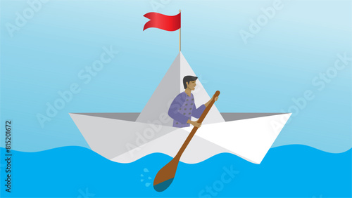 Man, boy in rowing boat. Dimension 16:9. Vector illustration.