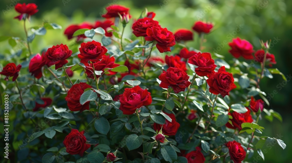 A beautiful bush adorned with vibrant red roses A beautiful bush adorned with vibrant red roses