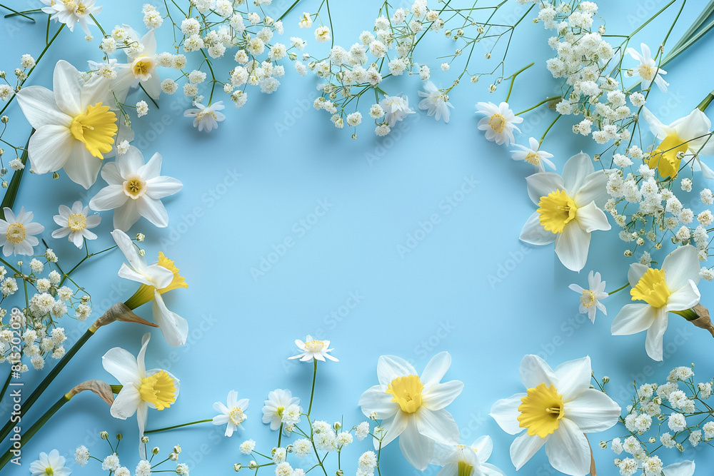 Enchanting Spring Landscape: Vibrant Daffodils and Gypsophila Blossoms, Scenic Beauty of Spring: Daffodils and Gypsophila Painting Nature's Canvas