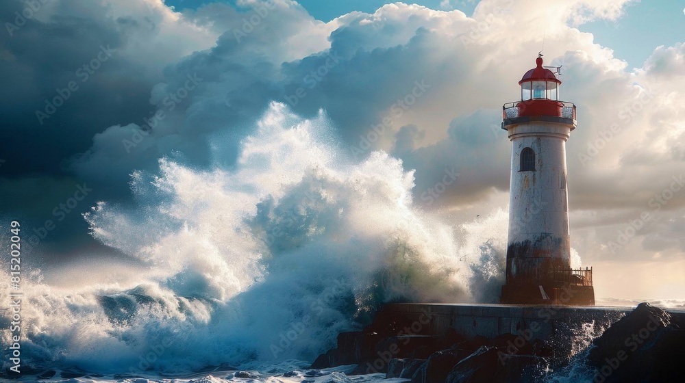 A lighthouse standing firm against crashing waves, a beacon of guidance and safety through lifes challenges