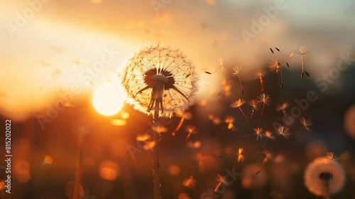 A dandelion standing tall in the wind, seeds ready to spread, symbolizing resilience in adversity and the potential for new growth photo