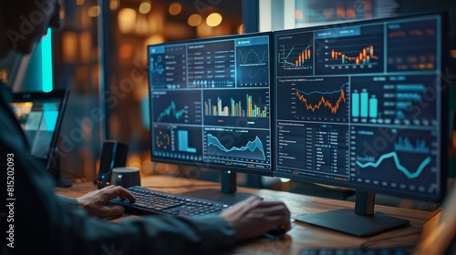 An analyst utilizes a computer and dashboard for business data analysis, managing KPIs and metrics connected to the database for finance, operations, sales, and marketing technology.