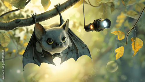 Clipart of a whimsical bat wearing a cape and a bow tie hanging upside down from a branch while hol Generative AI photo