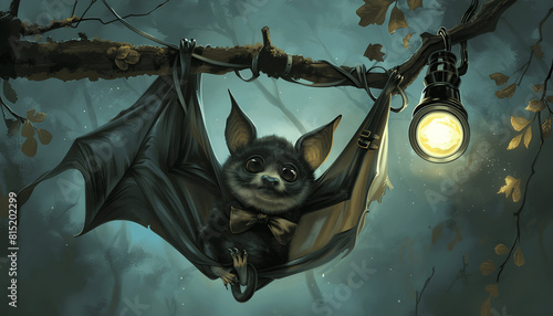 Clipart of a whimsical bat wearing a cape and a bow tie hanging upside down from a branch while hol Generative AI photo