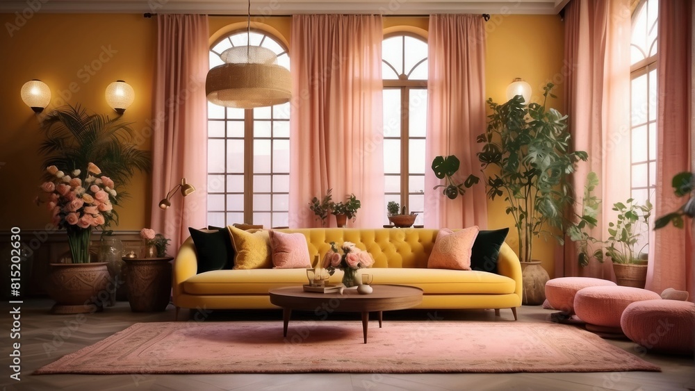 Modern glamour living room with yellow accents Modern glamour living room with yellow accents