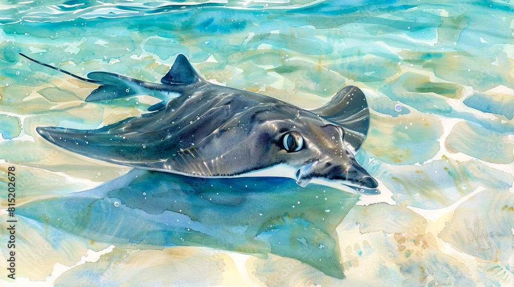Fototapeta premium Stingray gliding through clear shallow waters. Serene marine animal in its natural habitat. Concept of aquatic life, peace in nature, and ocean. Watercolor illustration. Aquarelle