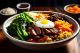 Traditional Korean dish bibimbap with fried agg, beef and vegetables 01. AI generative