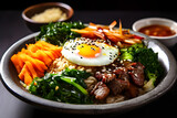 Traditional Korean dish bibimbap with fried agg, beef and vegetables - AI generative