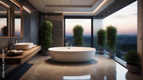 Luxury bathroom with a view of the plants