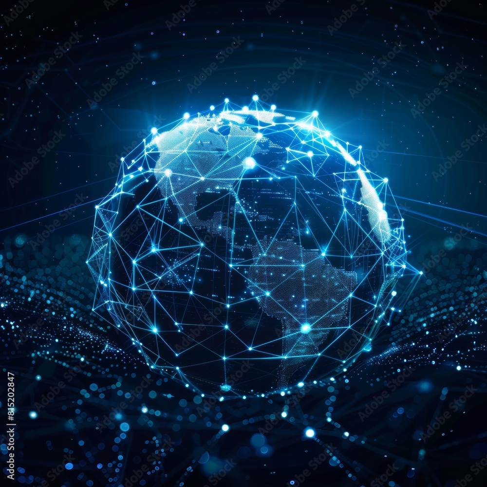 Digital world globe, concept of global network and connectivity on Earth, high speed data transfer and cyber technology, information exchange and international telecommunication. Business map