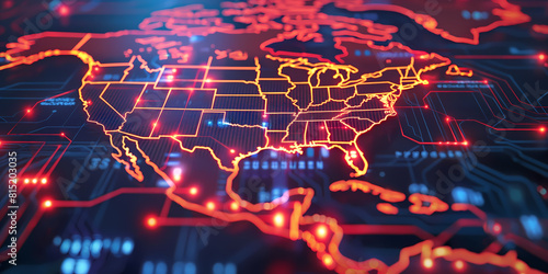 Digital map of USA, concept of United States of America network and connectivity, data transfer and cyber tech, business and information exchange and telecommunication