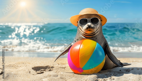 Clipart of a joyful seal wearing a sun hat and sunglasses balancing a colorful beach ball on its no Generative AI