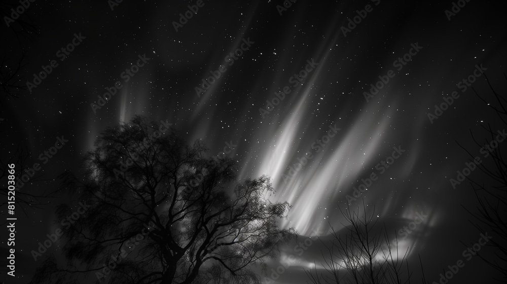 Majestic Northern Lights Illuminating the Night Sky with Silhouetted Trees